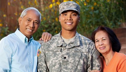 parents posing with military son