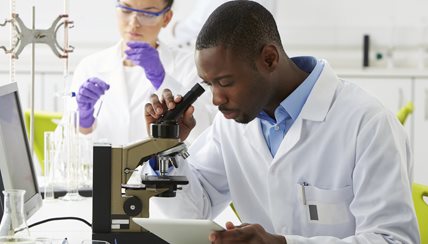 lab researcher looking at specimen